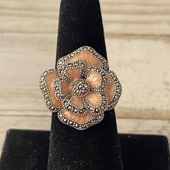 Beautiful Judith Jack Silver Marcasite Pink Flower Ring. - Picture 1 of 4